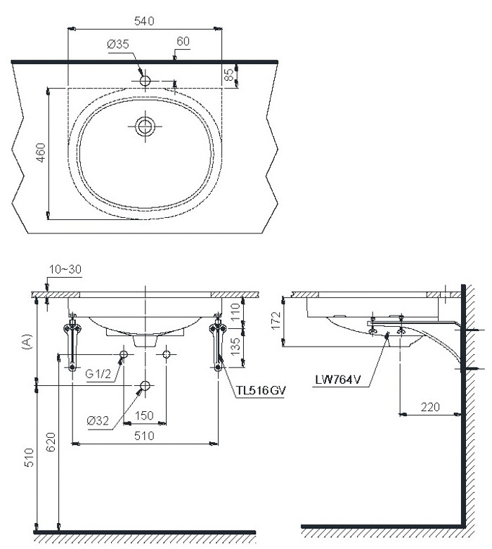 Bản vẽ 2D của lavabo âm bàn cao cấp LT764XW