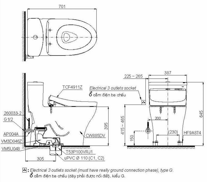 Bản vẽ 2D toilet một khối kèm nắp rửa điện tử WASHLET