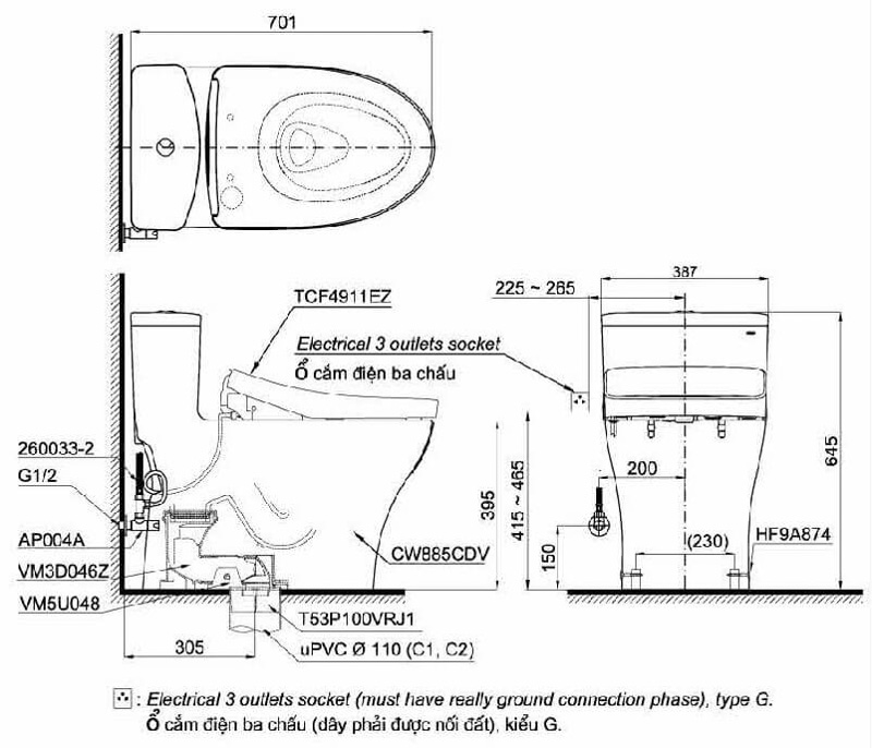 Hình ảnh 2D bàn cầu nhà vệ sinh một khối kèm nắp rửa điện tử công nghệ WASHLET