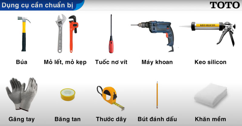 cách lắp đặt bồn cầu lắp ngang đầu tiên là chuẩn bị dụng cụ đầy đủ