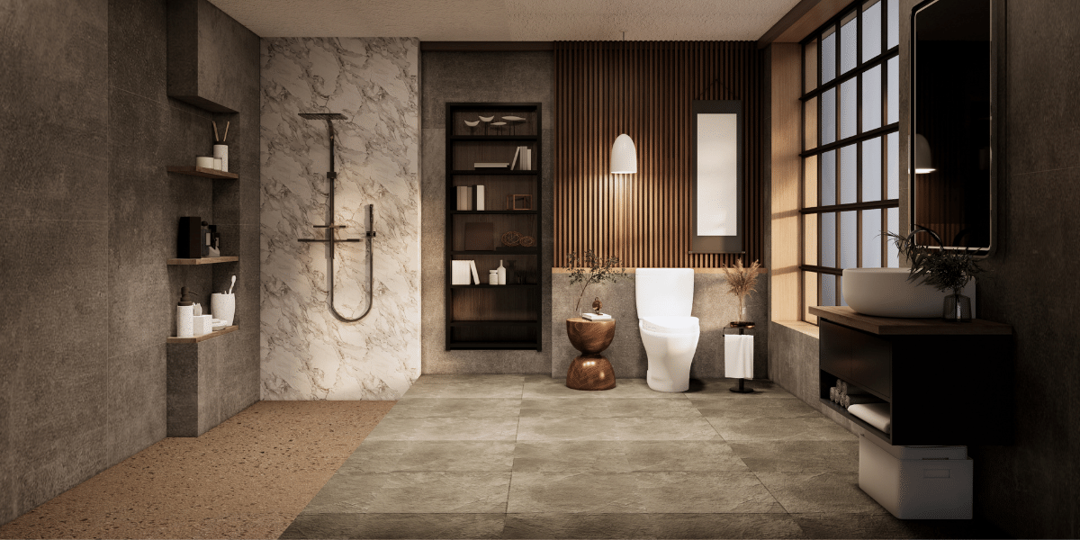 Mẫu thiết kế nhà vệ sinh với tone màu trầm tối ấm áp 