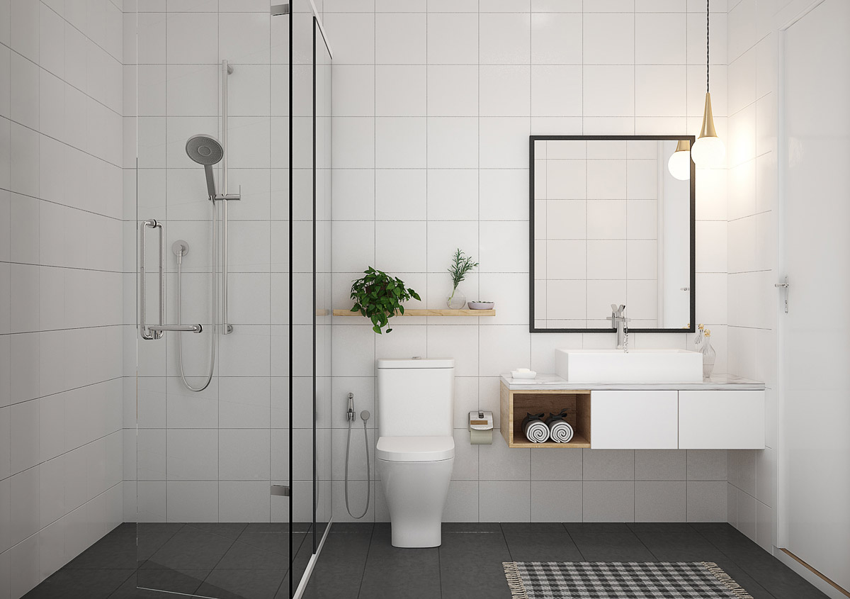 Nhà tắm và khu vực vệ sinh được ngăn cách bằng tấm kính 