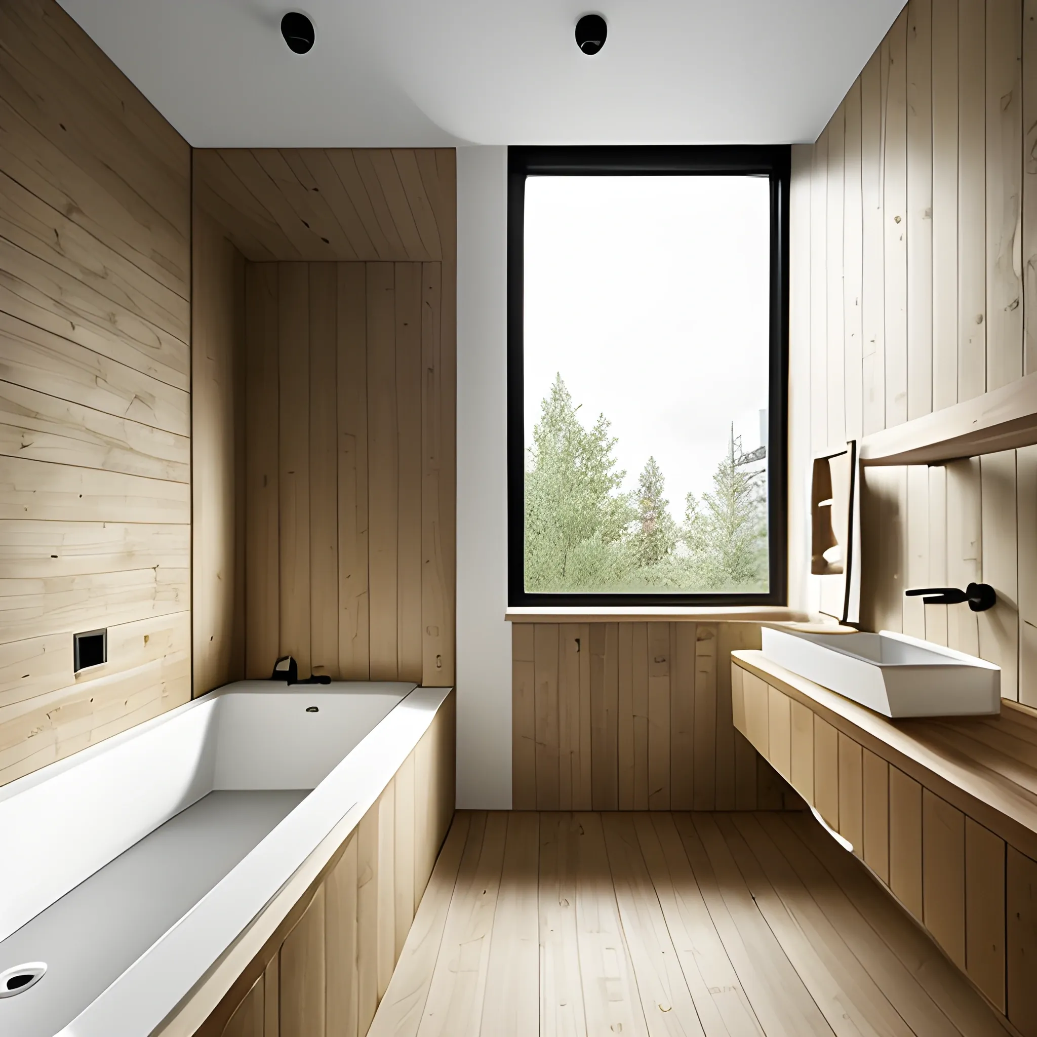 Tủ gỗ bên dưới lavabo cùng chiếc ghế tắm làm điểm nhấn cho nhà vệ sinh tone trắng 