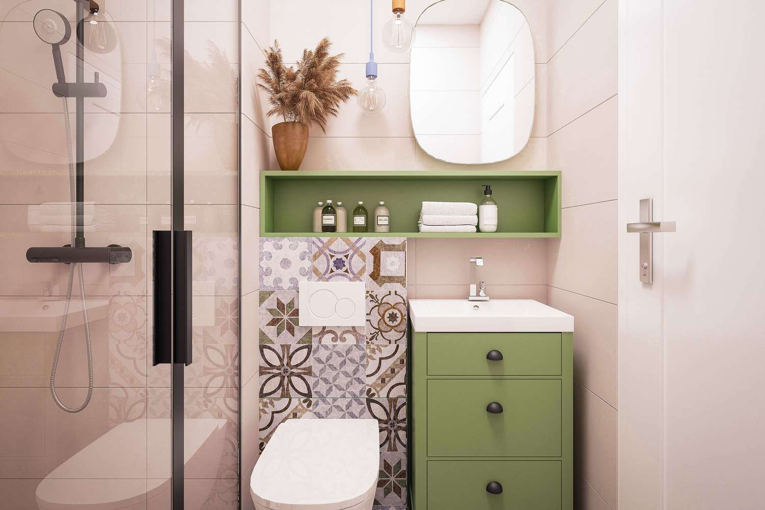 Kệ và tủ màu xanh lá nhạt làm điểm nhấn cho không gian nhà vệ sinh