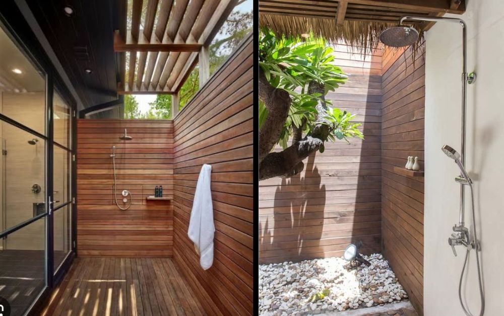 Nhà vệ sinh ngoài trời trang trí sỏi, gỗ lót sàn và tường (Nguồn: Pinterest)