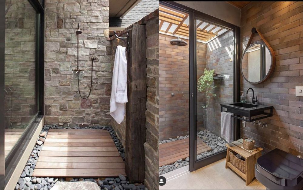 Nhà tắm ngoài trời kết hợp cùng sỏi đá và gỗ lót theo phong cách Nhật Bản (Nguồn: Pinterest)