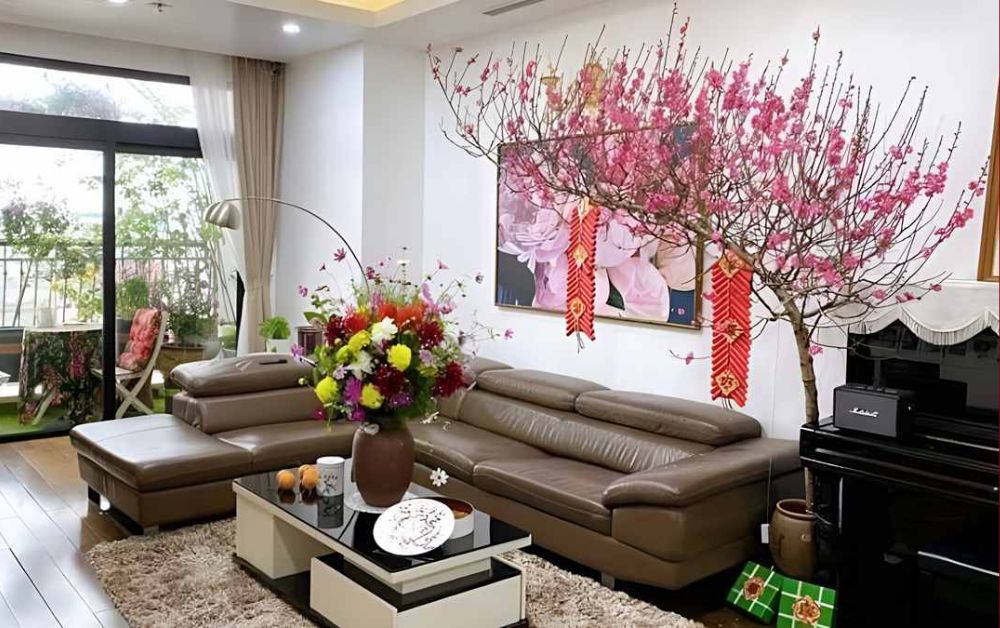 Sofa ở phòng phối hợp với giàn hoa mai hoặc hoa đào