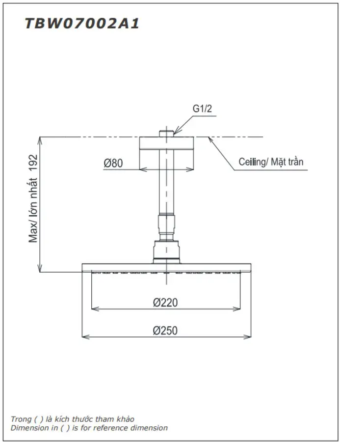 Bản vẽ kỹ thuật của bát sen tròn gắn trần TBW07002A1