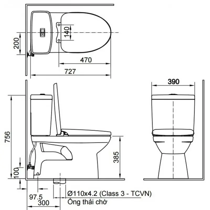 Kích thước bàn cầu 2 khối tiêu chuẩn hiện nay phù hợp với không gian phòng tắm